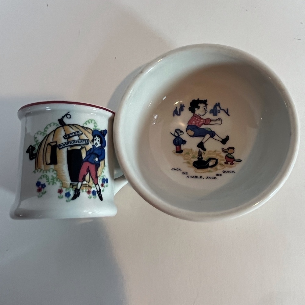 Shenango China Child’s Bowl and Mug Set Jack Be Nimble, Peter Pumpkin Eater